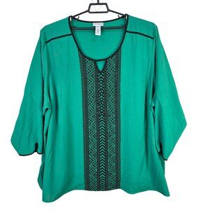 Womens Catherines Green Tunic Top Black Embellished Panel & 3/4 Sleeves Size 5X